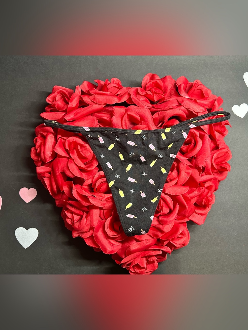 Victoria's Secret Black Thong with Yellow & Pink Popsicle Print